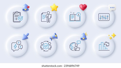 Manual, Outsource work and Job interview line icons. Buttons with 3d bell, chat speech, cursor. Pack of Decreasing graph, Approved teamwork, Stress icon. Vector