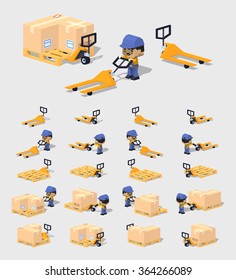 Manual pallet truck. 3D lowpoly isometric vector illustration. The set of objects isolated against the white background and shown from different sides