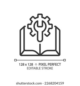 Manual pixel perfect linear icon. Technical instructions. Read knowledge base. FAQ. System settings guidebook. Thin line illustration. Contour symbol. Vector outline drawing. Editable stroke