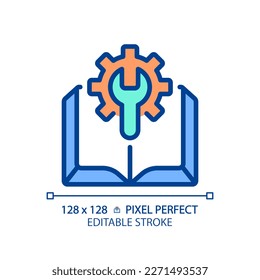 Manual pixel perfect RGB color icon. Technical instructions. Read knowledge base. FAQ. System settings guidebook. Isolated vector illustration. Simple filled line drawing. Editable stroke