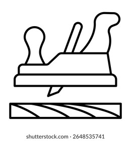 Planador manual e tábua de madeira ícone de linha fina, conceito da indústria florestal. Gráficos vetoriais. Ferramenta de trabalho de madeira, sinal de carpintaria no fundo branco, estilo móvel ou design