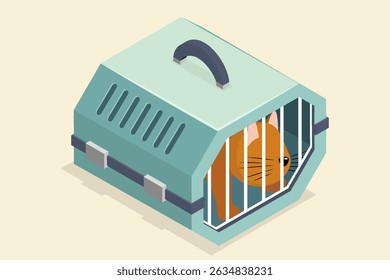 Transportador manual de plástico para gatos. Ilustração vetorial isométrica plana 3d.