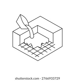 Manual pouring of fresh concrete into floor mold with wire mesh reinforcement for construction.Editable stroke, Vector illustration, Line art Icon, Symbols.