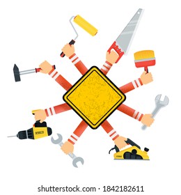 Herramientas manuales y de potencia en manos de los constructores. Plantilla para cartel de una empresa de construcción y reparación. Reparación de viviendas, mantenimiento, equipo de construcción y bricolaje. Ilustración vectorial plana.