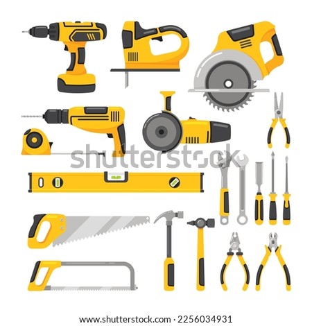 Manual and Power Tools Isolated on White Background Icons Set. Instruments Collection for Maintenance and Repair. Professional Handyman Kit. Construction Site Equipment. Cartoon Vector Illustration