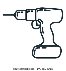 Manual professional construction drill icon tool device, concept repair building line flat vector illustration, isolated on white. Working instrument stuff object, electric bur.