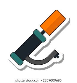 Manual pump for inflating car and bicycle tires. Equipment and spare parts for car repair shop concept. Flat paper sticker icon isolated on white background