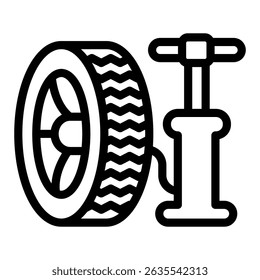 Bomba manual e ícone da linha da roda, conceito de montagem de pneus. Gráficos vetoriais. Inflador de ar do pneu do carro, sinal do serviço do carro no fundo branco, móvel do estilo ou design