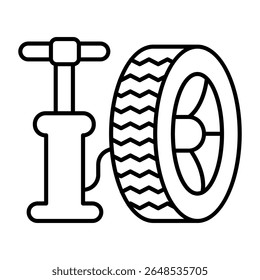 Bomba manual e ícone de linha fina da roda, conceito de montagem de pneus. Gráficos vetoriais. Inflador de ar do pneu do carro, sinal do serviço do carro no fundo branco, móvel do estilo ou design