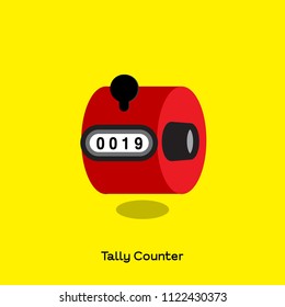 Manual red tally counter with four digit numeric and pressing button on the yellow background.