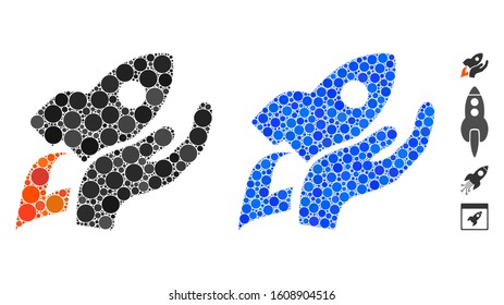 Manual rocket launch composition of small circles in various sizes and color tints, based on manual rocket launch icon. Vector random circles are combined into blue composition.