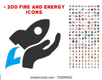 Manual Rocket Launch icon with bonus fire pictograms. Vector illustration style is flat iconic elements for web design, application ui.