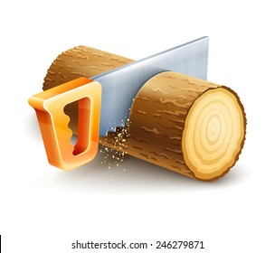 Manual saw cutting wooden timber. Eps10 vector illustration. Isolated on white background