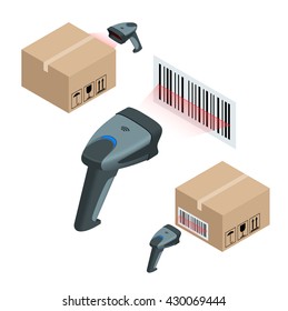 The manual scanner of bar codes. Flat 3d vector isometric illustration.