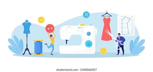 Manual sew machine. Dressmaking, sewing workshop or courses. Fashion designer are tailoring clothes. Sewing tools, needle, scissors, threads. Dressmakers create outfit and apparel on sewing machine