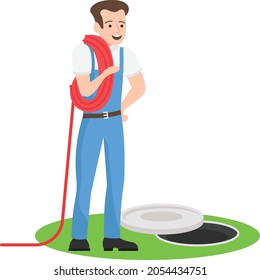 Manual sewage cleaner gearing up Concept, Plumber Holding Red Rope near Main Hole Vector Icon Design, Plumber equipment Symbol, Scavengers Service Work Sign, Sanitary technician Stock illustration