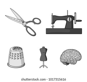 Manual sewing machine, scissors, maniken, thimble.Sewing or tailoring tools set collection icons in monochrome style vector symbol stock illustration web.