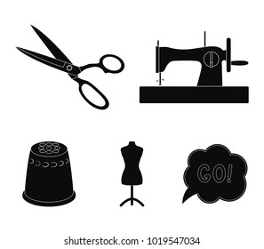 Manual sewing machine, scissors, maniken, thimble.Sewing or tailoring tools set collection icons in black style vector symbol stock illustration web.