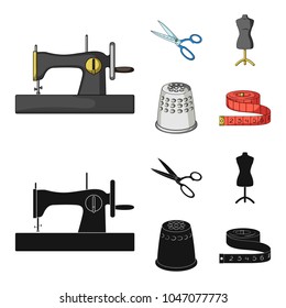 Manual sewing machine, scissors, maniken, thimble.Sewing or tailoring tools set collection icons in cartoon,black style vector symbol stock illustration web.