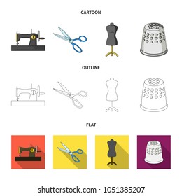 Manual sewing machine, scissors, maniken, thimble.Sewing or tailoring tools set collection icons in cartoon,outline,flat style vector symbol stock illustration web.