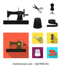 Manual sewing machine, scissors, maniken, thimble.Sewing or tailoring tools set collection icons in black, flat style vector symbol stock illustration web.