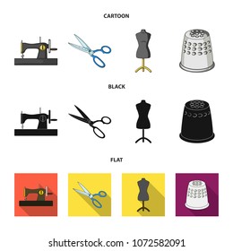 Manual sewing machine, scissors, maniken, thimble.Sewing or tailoring tools set collection icons in cartoon,black,flat style vector symbol stock illustration web.