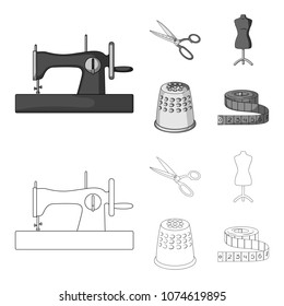 Manual sewing machine, scissors, maniken, thimble.Sewing or tailoring tools set collection icons in outline,monochrome style vector symbol stock illustration web.