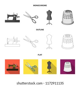 Manual sewing machine, scissors, maniken, thimble.Sewing or tailoring tools set collection icons in flat,outline,monochrome style vector symbol stock illustration web.