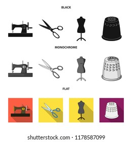 Manual sewing machine, scissors, maniken, thimble.Sewing or tailoring tools set collection icons in black, flat, monochrome style vector symbol stock illustration web.