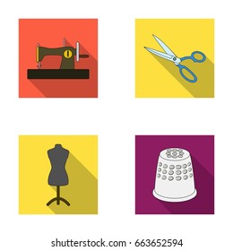 Manual sewing machine, scissors, maniken, thimble.Sewing or tailoring tools set collection icons in flat style vector symbol stock illustration web.