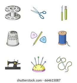 Manual sewing machine, scissors, maniken, thimble.Sewing or tailoring tools set collection icons in cartoon style vector symbol stock illustration web.