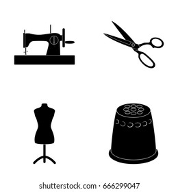 Manual sewing machine, scissors, maniken, thimble.Sewing or tailoring tools set collection icons in black style vector symbol stock illustration web.