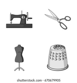 Manual sewing machine, scissors, maniken, thimble.Sewing or tailoring tools set collection icons in monochrome style vector symbol stock illustration web.