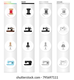 Manual sewing machine, thread reel, dummy on the stand, electric machine. Atelier and sewing set collection icons in cartoon black monochrome outline style vector symbol stock illustration isometric