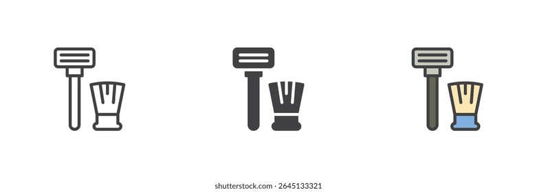 Ícone de navalha de barbear manual definido nas versões de contorno em linha, sólido e preenchido. Cuidados pessoais item de higiene vetor sinal para limpeza e barbeamento. Pacote de ilustração de símbolo.