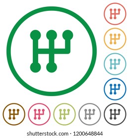 Manual shift flat color icons in round outlines on white background