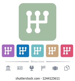 Manual shift white flat icons on color rounded square backgrounds. 6 bonus icons included