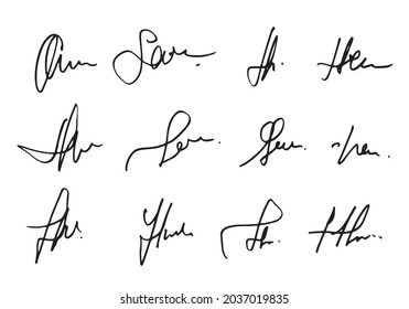 Manual signature for documents on white background. Hand drawn Calligraphy lettering Vector illustration EPS10