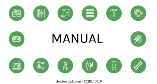 manual simple icons set. Contains such icons as Guide, Shift stick, Air pump, Information, Wiper, Transmission, Sewing machine, Plier, Lever, can be used for web, mobile and logo