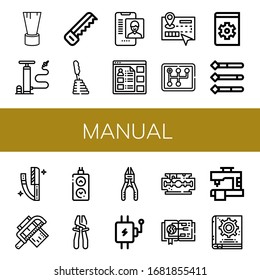 manual simple icons set. Contains such icons as Shaving brush, Air pump, Saw, Gearstick, Online support, Information, Guide, Manual, Razor, can be used for web, mobile and logo