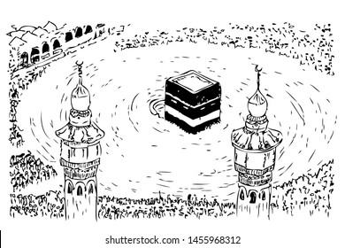 Manual sketch of Kaaba with islam people, muslim & muslimah doing thawaf at Mecca Saudi Arabia at white background
