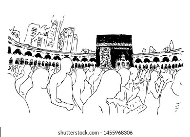 Manual sketch of Kaaba with islame people, muslim & muslimah doing thawaf at Mecca Saudi Arabia at white background
