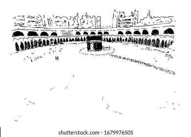 Manual sketch of Kaaba in Mecca Saudi Arabia While Desifectant Cleaning During Covid-19 Pandemic, Isolated on White
