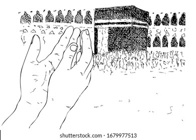 Manual sketch Praying Hand in front of Kaaba in Mecca Saudi Arabia, Isolated on White
