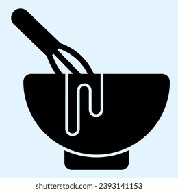 Icono de sólido de agitación manual. Whisk y bowl, proceso de crema batida. Concepto de diseño de vectores de cocina estilo casa, pictograma estilo glifo sobre fondo blanco, uso para web y aplicación. Eps 10