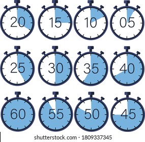 Manual stopwatch-chronograph, measurement in seconds. Ability to measure and calculate the time to reach the goal. Timer with a countdown 60,55,50,45, 30, 25,20,15, 10, 5. Vector image.