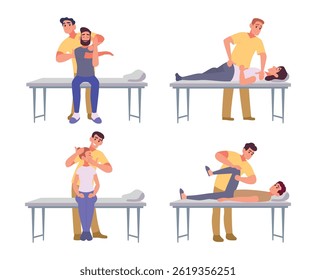 Manual therapy. Orthopedic procedures chiropractors therapist bone treatment exact vector cartoon people templates