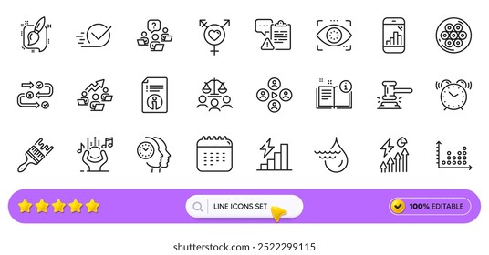 Manual, Time management and Graph phone line icons for web app. Pack of Cable section, Eye detect, Judge hammer pictogram icons. Brush, Clipboard, Genders signs. Noise, Alarm clock, Dot plot. Vector