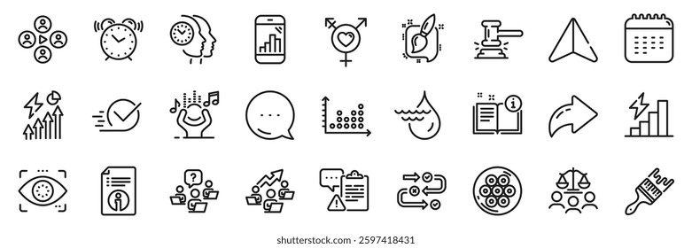 Manual, Time management and Graph phone line icons pack. Share, Message, Paper plane icons. Cable section, Eye detect, Judge hammer web icon. Brush, Clipboard, Genders pictogram. Vector