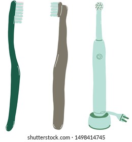 Manual toothbrush and electric toothbrush colorful illustration on white background. Dental care concept. Flat cartoon style. Vector Illustration.